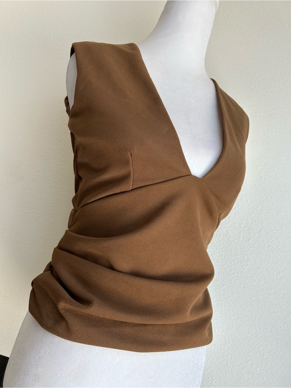 Deep V-Neck Brown Draped Sleeveless Camisole - Picture 4 of 7